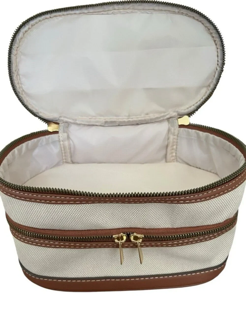 Primark Brown Beige Makeup Bag Cosmetic Travel Case Double Compartment NWT